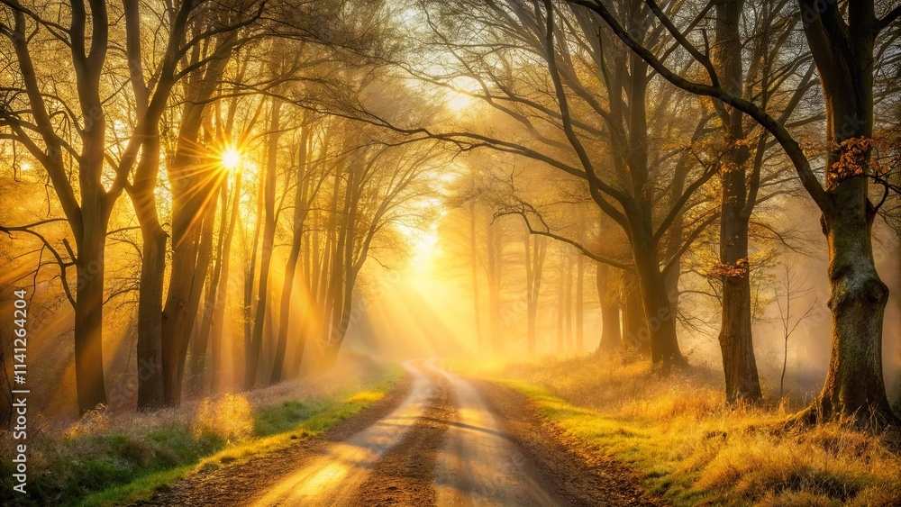 Golden Sunlight Illuminates a Misty Forest Path at Dawn Golden Sunlight Illuminates a Misty Forest Path at Dawn
