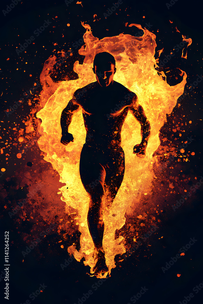 Fiery silhouette of a running man surrounded by flames, symbolizing power, energy, strength, speed, determination, burning passion, motivation, and dynamic abstract fire art Fiery silhouette of a running man surrounded by flames, symbolizing power, energy, strength, speed, determination, burning passion, motivation, and dynamic abstract fire art
