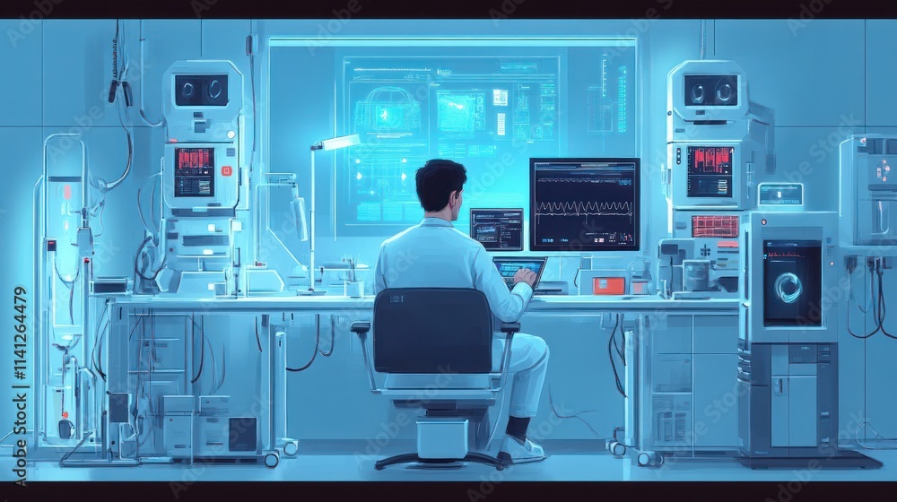 Digital Illustration of a Medical Technician in a Laboratory with Futuristic Equipment Digital Illustration of a Medical Technician in a Laboratory with Futuristic Equipment