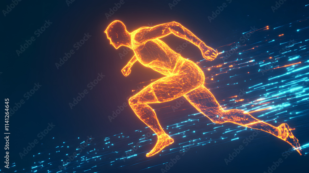 Futuristic digital glowing wireframe runner, fast motion, technology, speed concept, neon light trails, abstract sci-fi art, dynamic energy, sports innovation, and virtual athlete Futuristic digital glowing wireframe runner, fast motion, technology, speed concept, neon light trails, abstract sci-fi art, dynamic energy, sports innovation, and virtual athlete