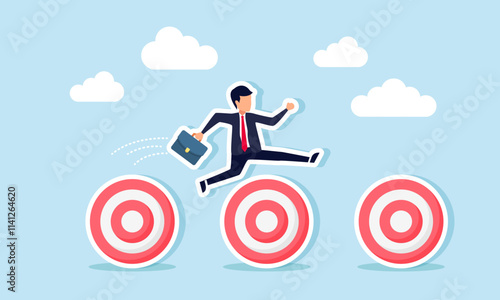 A businessman jumps over obstacles of target boards, illustration of step-by-step progress through business targets and achievements milestones