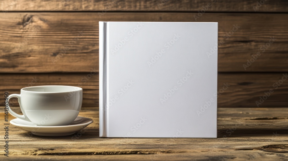 White Book and Cup on Wooden Table White Book and Cup on Wooden Table