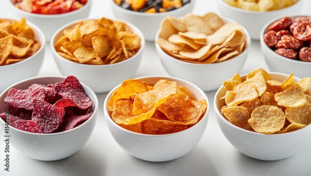 Assortment of Crispy Potato Chips in Bowls Assortment of Crispy Potato Chips in Bowls
