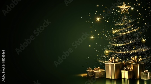 Elegant Golden Christmas Tree Ornaments with Gifts on Deep Green Background