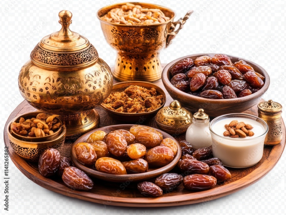 Assorted dried dates, nuts, and sweets in ornate bowls and containers on a wooden tray. Assorted dried dates, nuts, and sweets in ornate bowls and containers on a wooden tray.