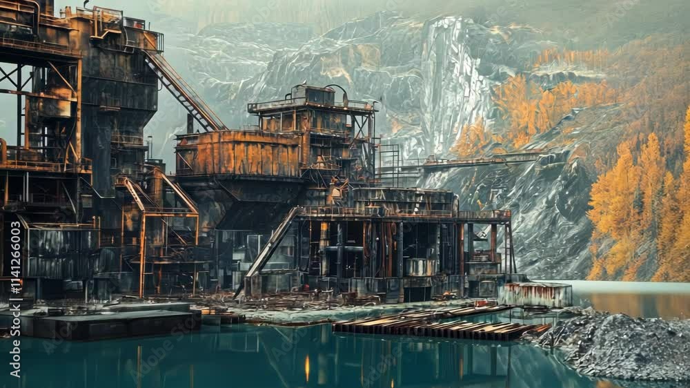 Abandoned Rusty Industrial Complex by a Mountain Lake Abandoned Rusty Industrial Complex by a Mountain Lake