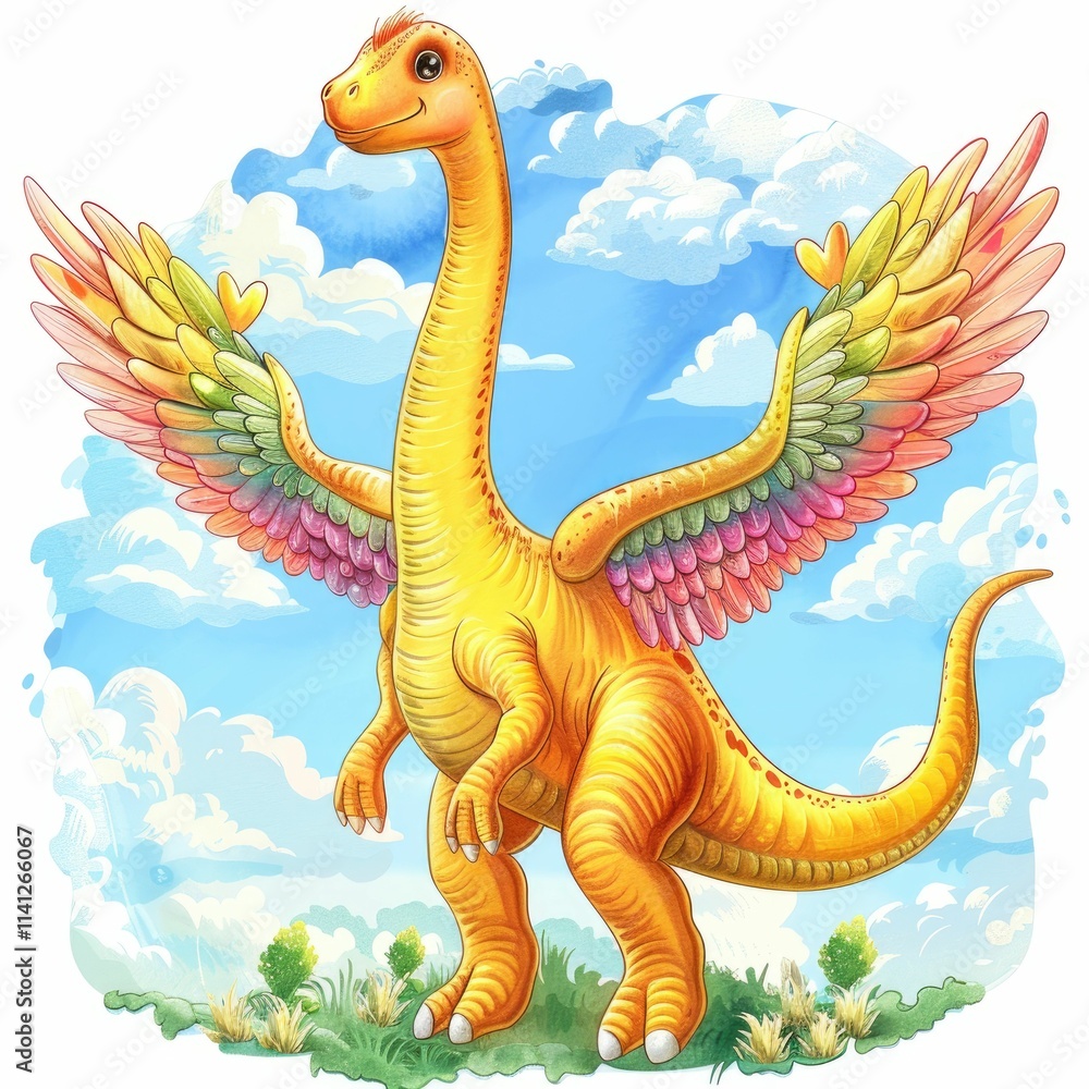 Fototapeta premium A vibrant, winged dinosaur stands in a sunny landscape, featuring colorful wings and a cheerful expression against a blue sky.