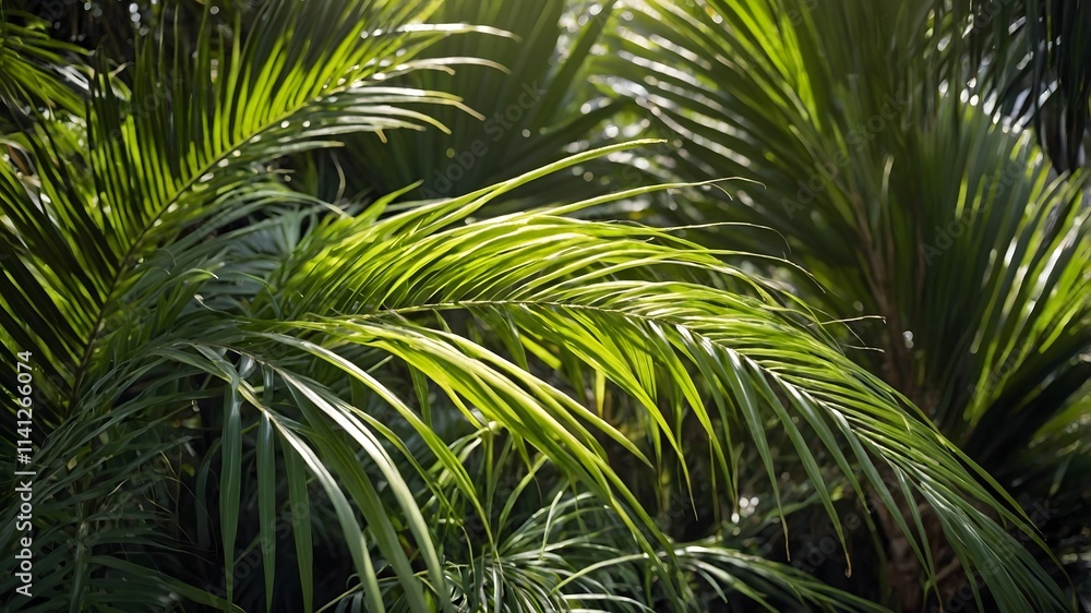 Fototapeta premium Sunlight Filtering Through Vibrant Green Fronds of a Foxtail Palm