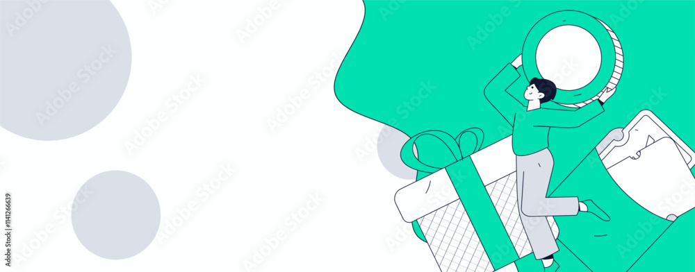 Fototapeta premium Holiday shopping people doing e-commerce online shopping flat vector concept operation hand drawn illustration 