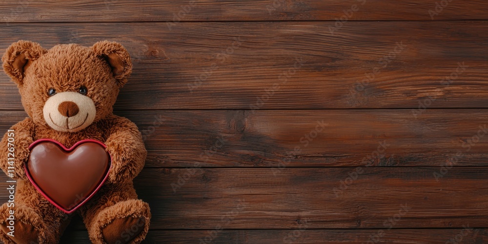 Obraz premium Teddy Bear Holding a Heart Concept. Teddy bear holding a heart on a wooden surface