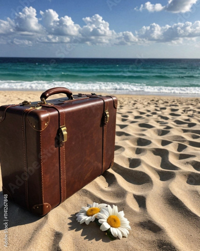 Maleta de viaje junto a dos flores margaritas sobre la arena de una playa con el mar al fondo