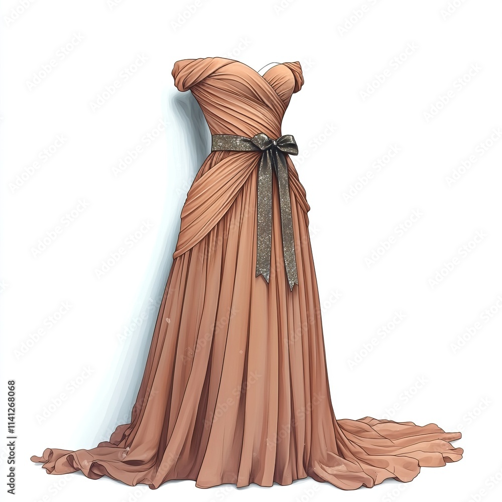 Elegant Brown Gown With Draped Bodice And Bow Elegant Brown Gown With Draped Bodice And Bow