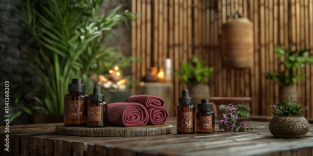 Relaxing and Inviting Setup for Traditional Thai Massage Featuring Oils and Towels in a Serene Environment Relaxing and Inviting Setup for Traditional Thai Massage Featuring Oils and Towels in a Serene Environment