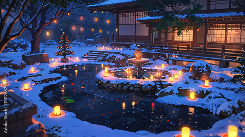 Japanese Zen Christmas garden - Anime aesthetic wallpaper