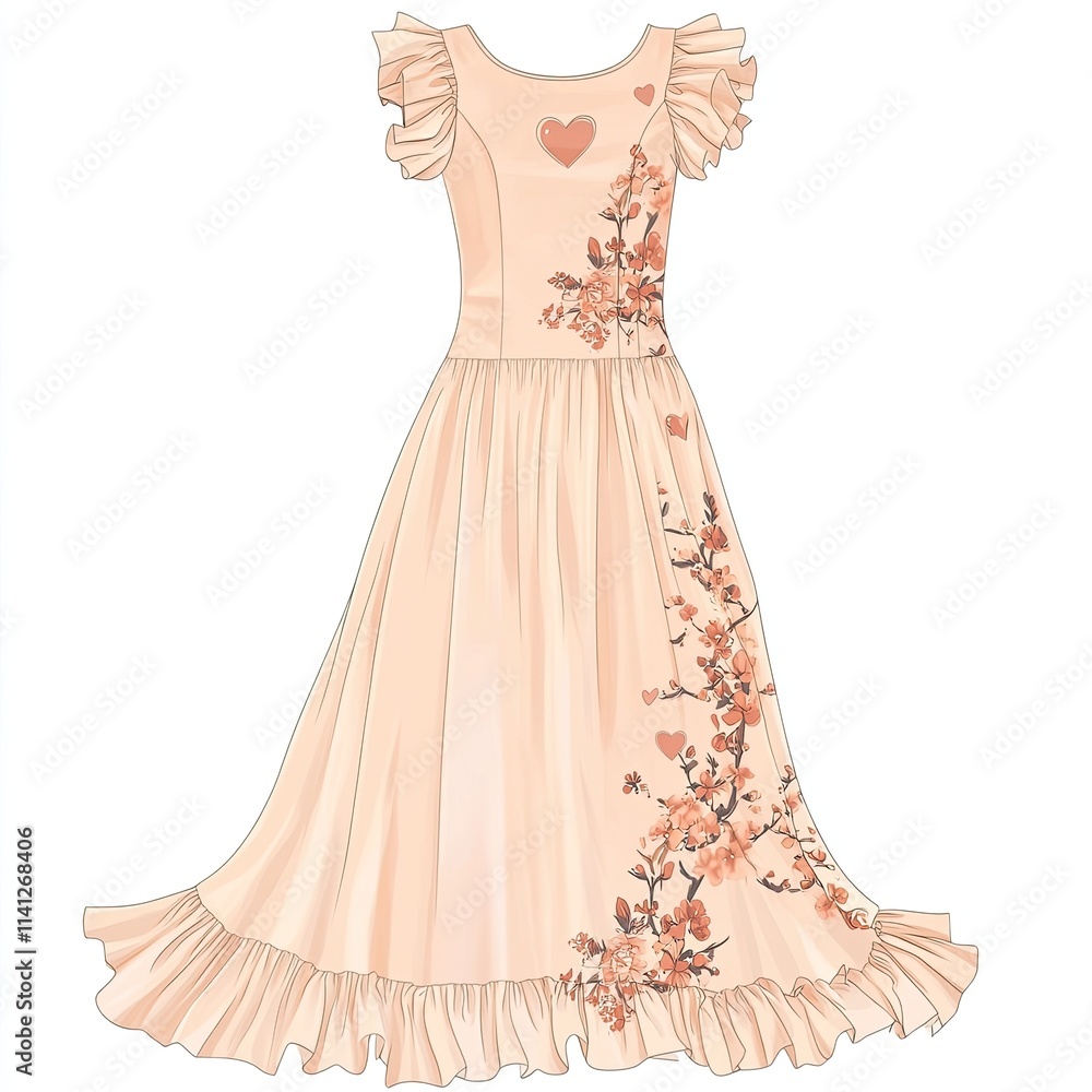 Peach Floral Dress with Ruffles and Hearts Detail Peach Floral Dress with Ruffles and Hearts Detail