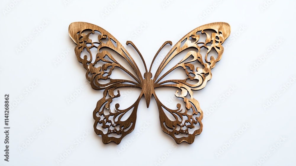 Intricate wooden butterfly design, white isolate background. Intricate wooden butterfly design, white isolate background.