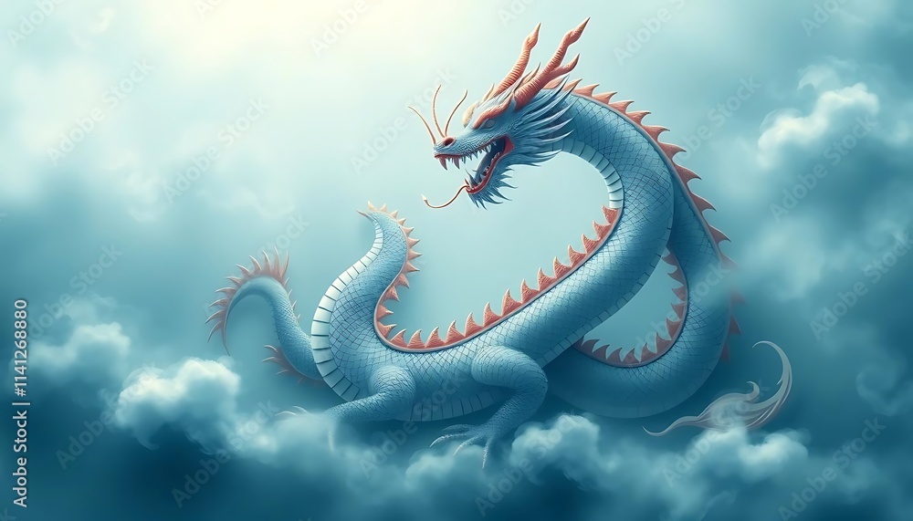 Serene Celestial Dragon: A Blue Dragon Ascends Through Clouds Serene Celestial Dragon: A Blue Dragon Ascends Through Clouds