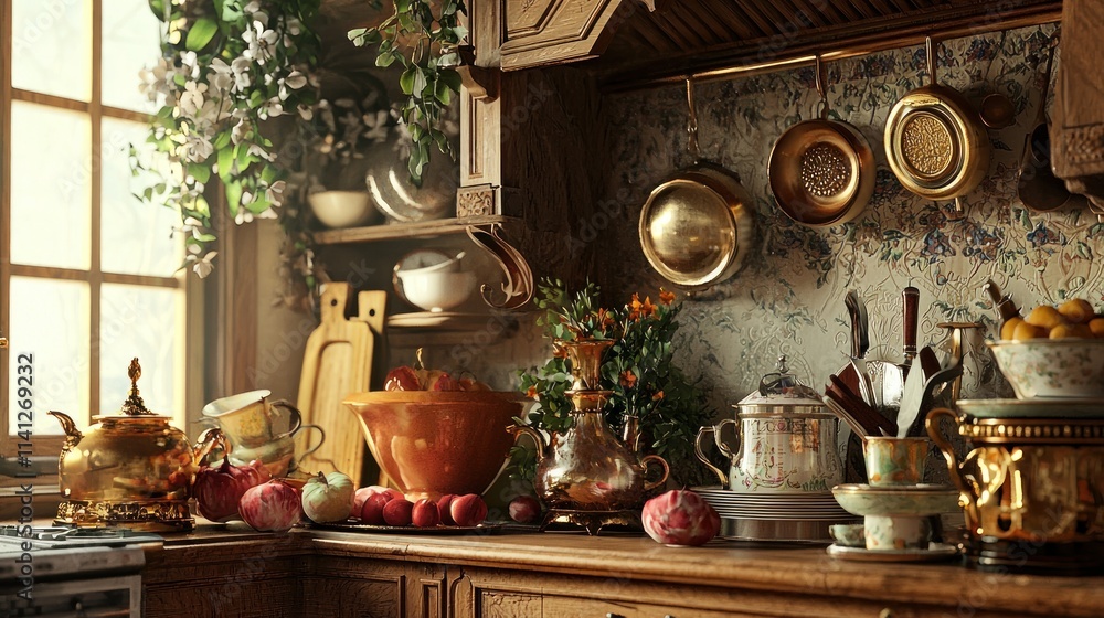 Rustic Kitchen Countertop With Antique Tea Set And Fruit Rustic Kitchen Countertop With Antique Tea Set And Fruit