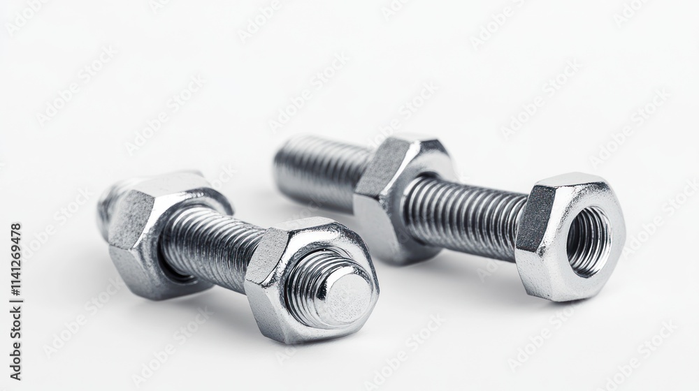 Two Shiny Bolts and Nuts on White Background Two Shiny Bolts and Nuts on White Background