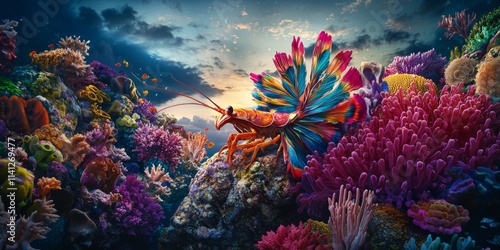 Fototapeta Naklejka Na Ścianę i Meble -  Vibrant Coral Reef Peacock Mantis Shrimp at Sunset