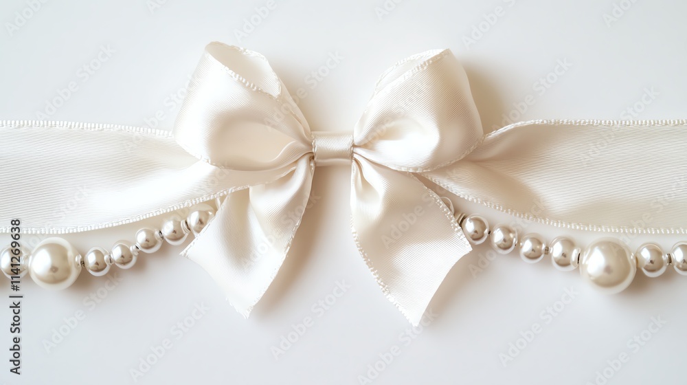 Elegant white ribbon bow with pearls, styled on a clean white background Elegant white ribbon bow with pearls, styled on a clean white background