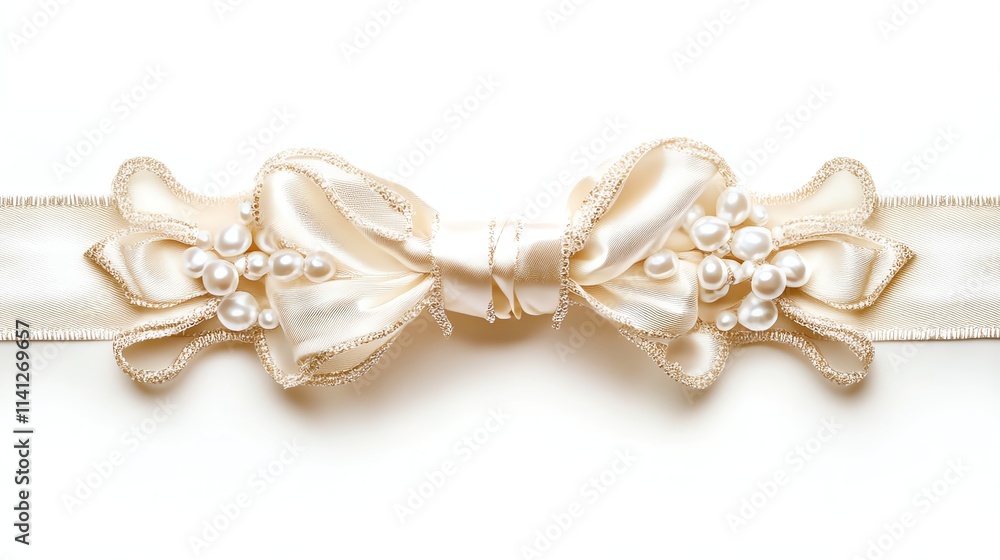 Elegant ivory satin bow with pearls, perfect for decorating gifts or bridal attire. Elegant ivory satin bow with pearls, perfect for decorating gifts or bridal attire.