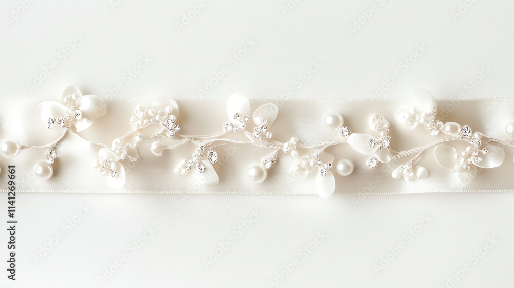 Elegant white ribbon with pearl embellishments, isolated on white background. Elegant white ribbon with pearl embellishments, isolated on white background.