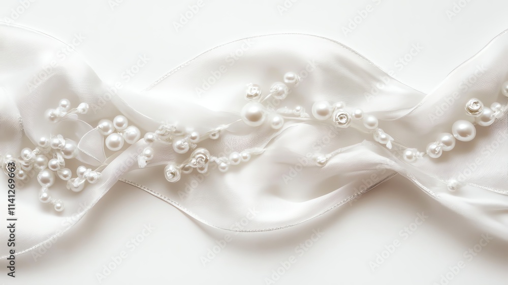 Elegant white satin ribbon adorned with pearls on a white background. Elegant white satin ribbon adorned with pearls on a white background.