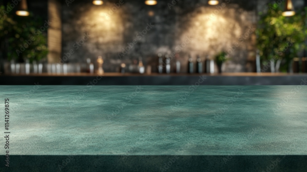 Empty green countertop in a cafe bar, set against a stylish restaurant background, perfect for food and drink product presentation mockups. Empty green countertop in a cafe bar, set against a stylish restaurant background, perfect for food and drink product presentation mockups.