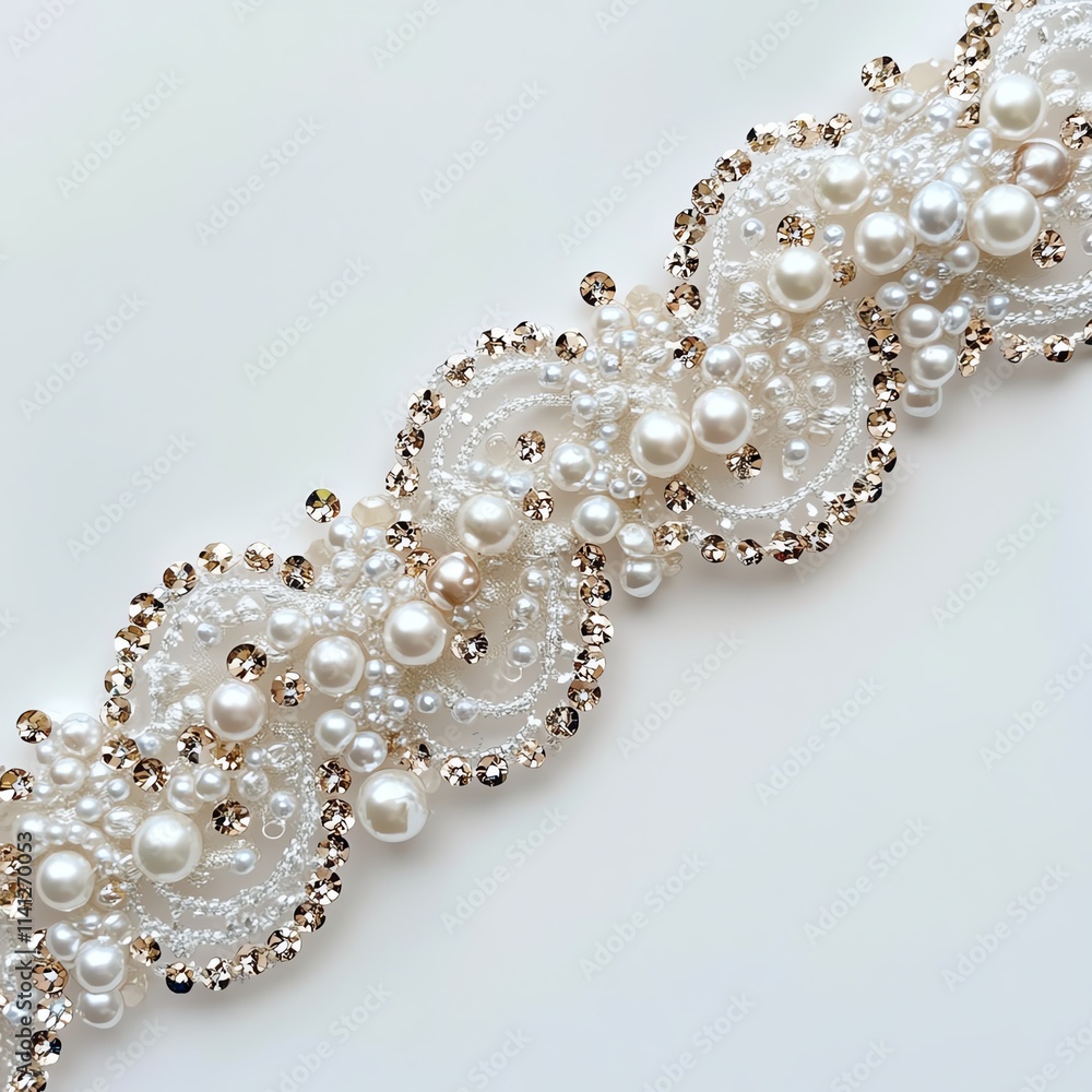 Elegant pearl beaded ribbon on white isolated background. Elegant pearl beaded ribbon on white isolated background.