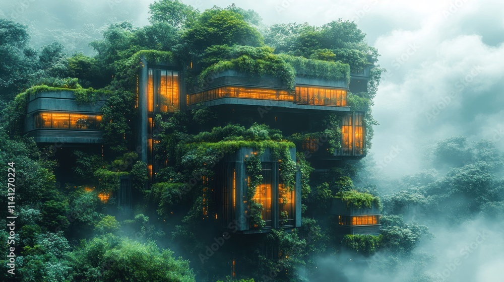 Futuristic Building Surrounded by Lush Greenery in Cyberpunk Style with Neon Lights and Misty Atmosphere Representing Eco Technology Futuristic Building Surrounded by Lush Greenery in Cyberpunk Style with Neon Lights and Misty Atmosphere Representing Eco Technology