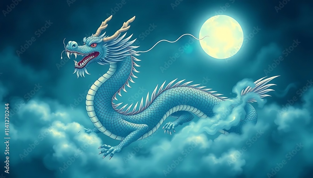 Celestial Blue Dragon Soaring Through Moonlit Clouds: A Serene Asian Art Celestial Blue Dragon Soaring Through Moonlit Clouds: A Serene Asian Art