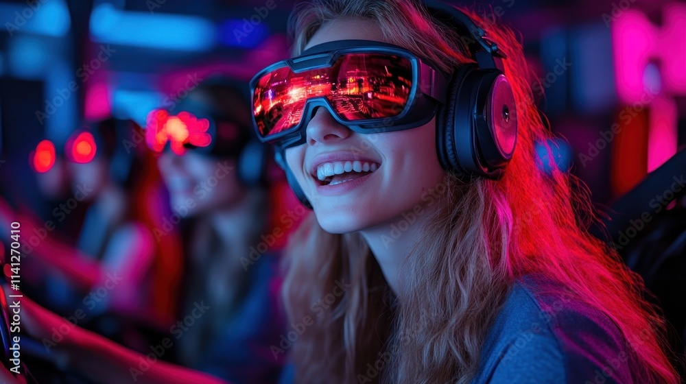 A group of young people enjoying immersive gaming with VR headsets and headphones. A group of young people enjoying immersive gaming with VR headsets and headphones.