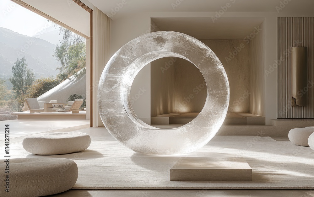 Minimalistic Transparent Glass Ring with Soft Light in Serene White Interior Minimalistic Transparent Glass Ring with Soft Light in Serene White Interior