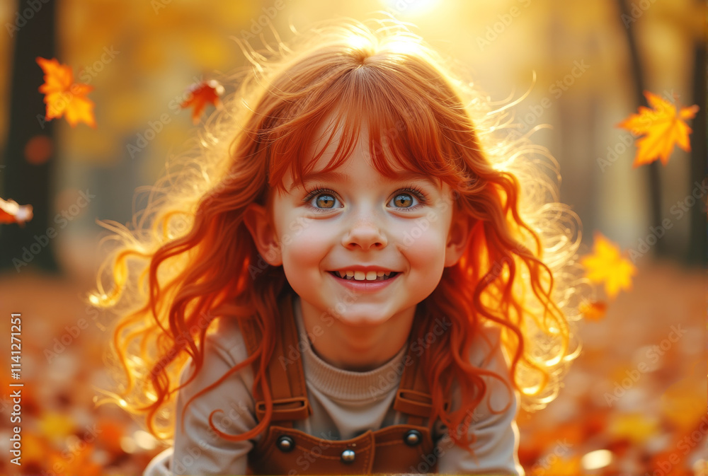 Little red haired happy girl playing with autumn leaves in the park. Smiling cheerful child, Fall season. Little red haired happy girl playing with autumn leaves in the park. Smiling cheerful child, Fall season.
