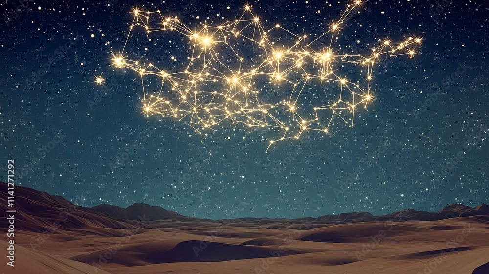 Illuminated constellation network above a desert landscape at night.