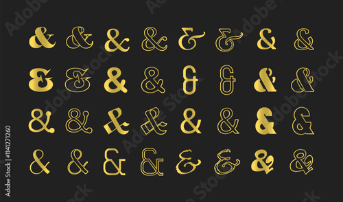 Golden like solid and line different isolated ampersand signs icons set design elements template on black background