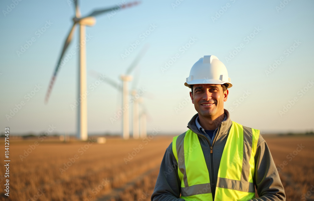 Smiling Renewable Energy Engineer in Front of Wind Turbines at Sunset Smiling Renewable Energy Engineer in Front of Wind Turbines at Sunset