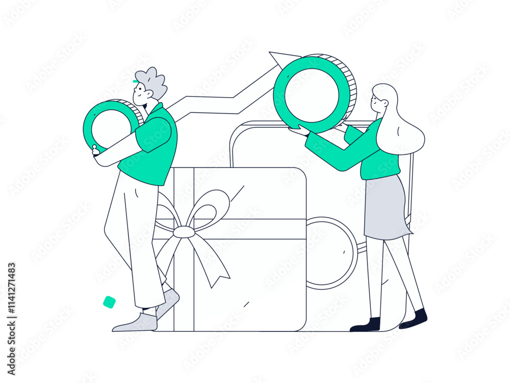 Fototapeta premium Holiday shopping people doing e-commerce online shopping flat vector concept operation hand drawn illustration 