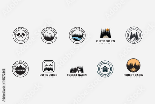 wooden cabin and pine forest on the circle retro vector black logo design isolated white background