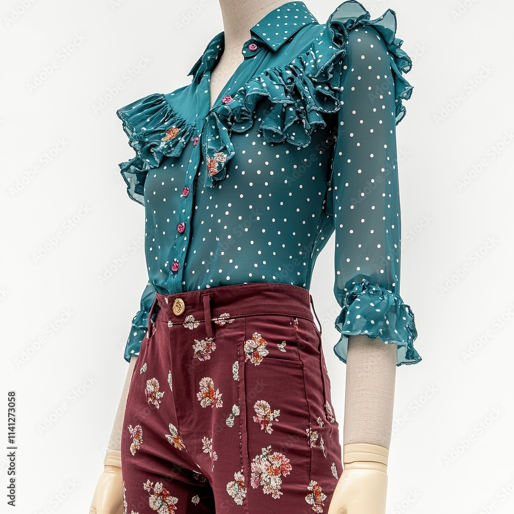 Teal Polka Dot Blouse with Ruffle Detail and Maroon Floral Pants Teal Polka Dot Blouse with Ruffle Detail and Maroon Floral Pants