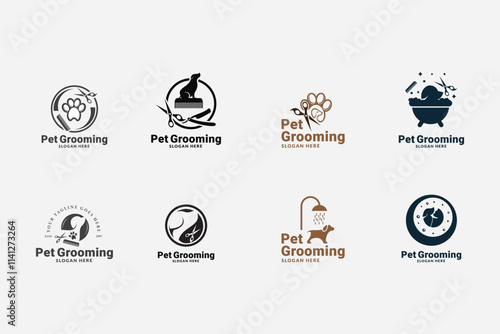 pet grooming icon, animal grooming salon, dog or cat paw, scissors with comb for groomer, flat symbol - editable stroke vector illustration