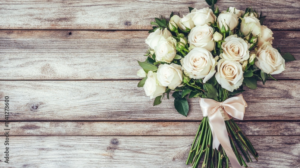 Elegant White Rose Bouquet with Ribbon on Rustic Wooden Background Perfect for Celebrations, Weddings, Anniversaries, and Special Occasions Elegant White Rose Bouquet with Ribbon on Rustic Wooden Background Perfect for Celebrations, Weddings, Anniversaries, and Special Occasions