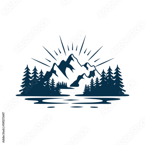 Mountain Landscape with Sun Rays and Forest