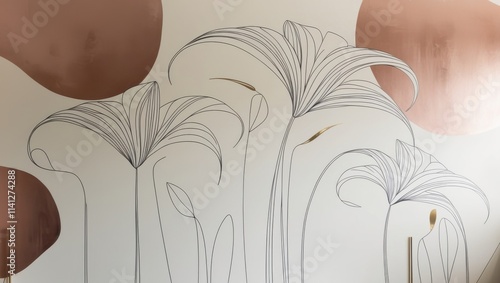 A minimalist line art wall mural featuring large, elegant white flowers with slender, curved stems and delicate, overlapping petals, varying in size and shape, against a soft, creamy beige background