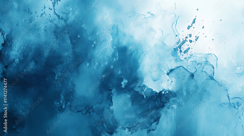 Blue abstract background with dynamic paint blots and geometric design elements