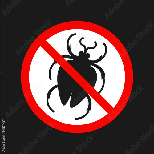 No insect sign. Anti bug poster. Silhouette of bedbug in red forbidding circle insecticide emblem. Symbol stop beetle pest control. Simple humor bug graphic icon vector isolated illustration