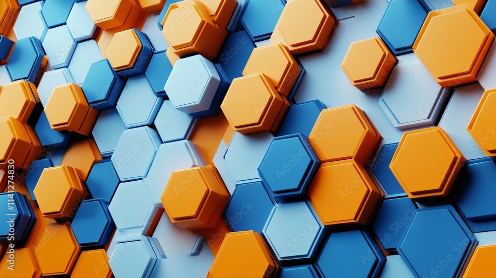 3d rendering of blue and orange hexagonal pattern background with geometric design 3d rendering of blue and orange hexagonal pattern background with geometric design