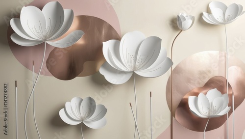 A minimalist line art wall mural featuring large, elegant white flowers with slender, curved stems and delicate, overlapping petals, varying in size and shape, against a soft, creamy beige background