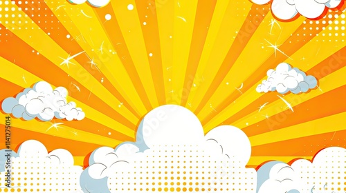 Bright comic-style sunburst with clouds, creating a cheerful atmosphere.